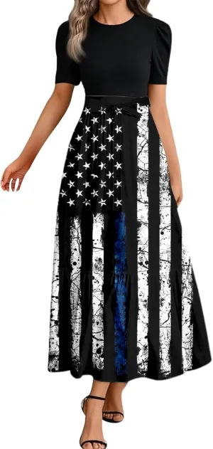 Women's American Flag Maxi Dress 4th of July Red White and Blue Patriotic USA Memorial Short Sleeve Crew Neck Dresses
