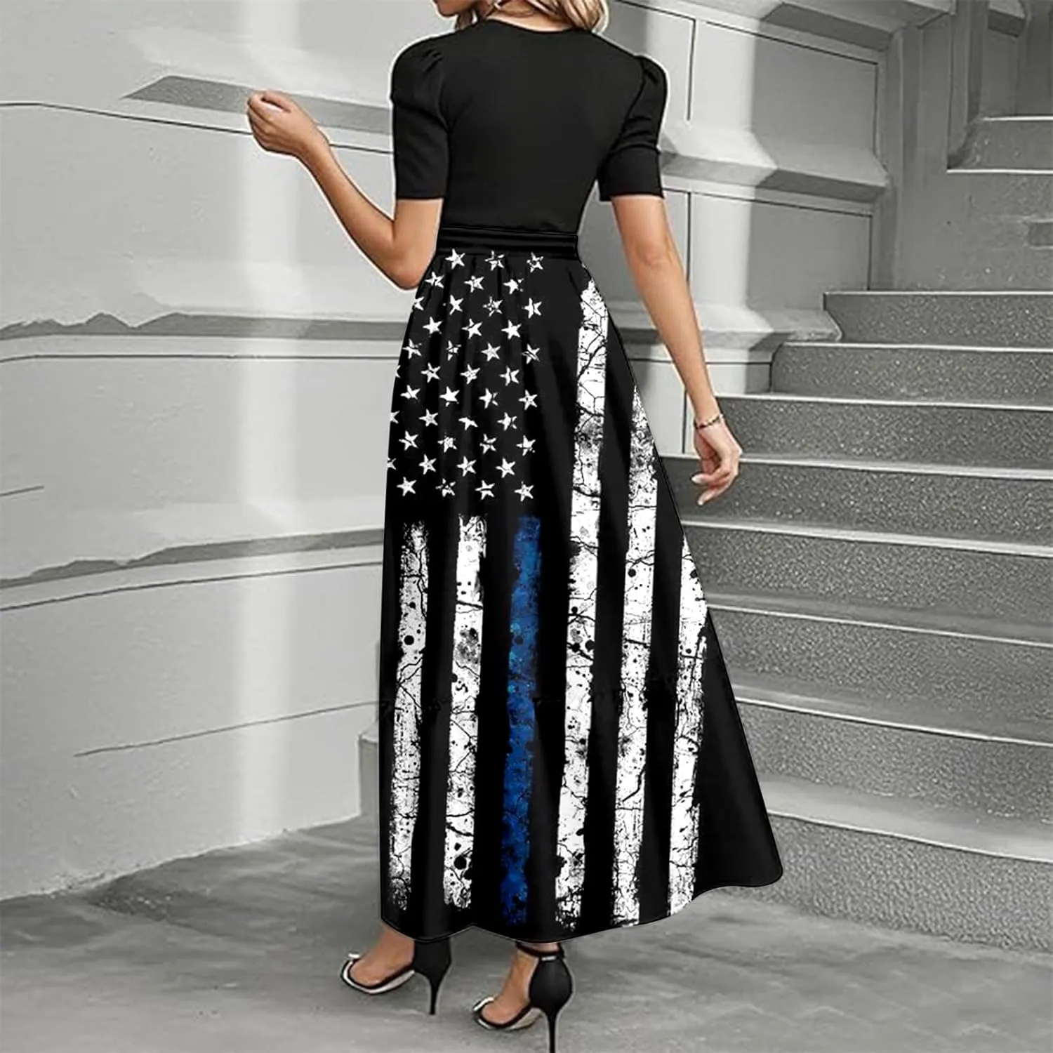 Women's American Flag Maxi Dress 4th of July Red White and Blue Patriotic USA Memorial Short Sleeve Crew Neck Dresses