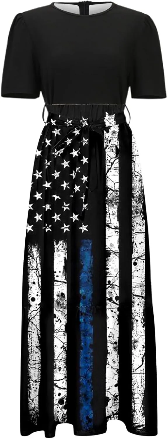 Women's American Flag Maxi Dress 4th of July Red White and Blue Patriotic USA Memorial Short Sleeve Crew Neck Dresses