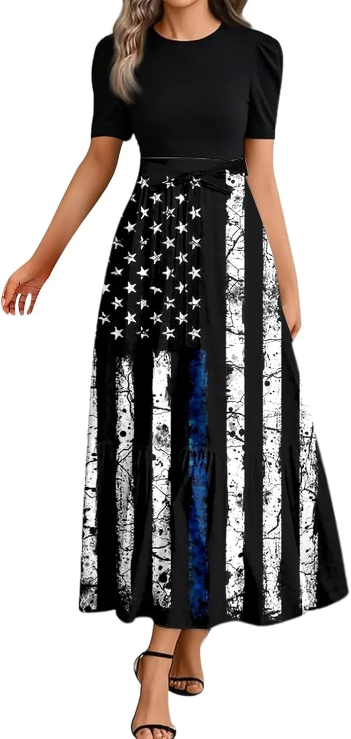 Women's American Flag Maxi Dress 4th of July Red White and Blue Patriotic USA Memorial Short Sleeve Crew Neck Dresses
