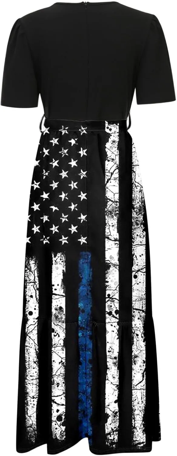 Women's American Flag Maxi Dress 4th of July Red White and Blue Patriotic USA Memorial Short Sleeve Crew Neck Dresses