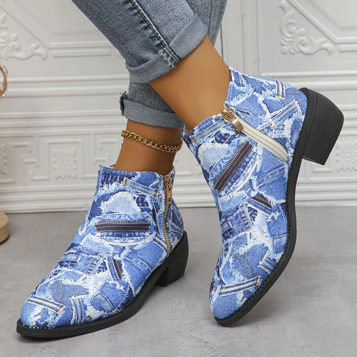 Women's Ankle Boot - Denim Ankle Boots for Women Western Vintage Zipper Pointe Toe Chunky Low Heel Booties Canvas Slip On Fashion Classic Short Boots Fall Winter Dress Shoes