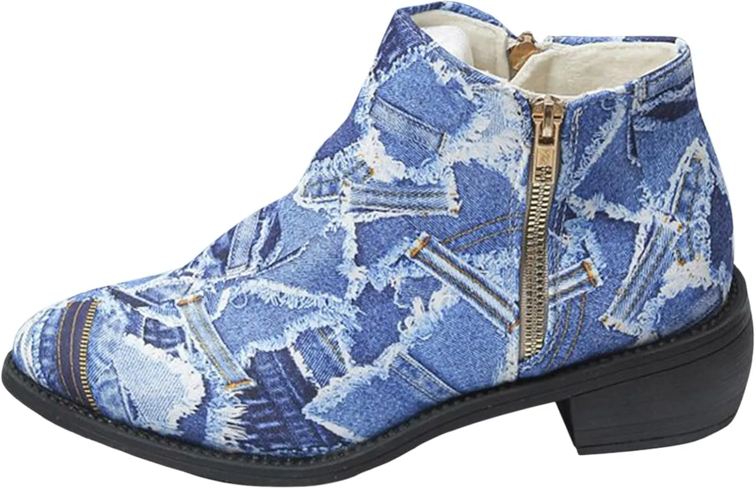 Women's Ankle Boot - Denim Ankle Boots for Women Western Vintage Zipper Pointe Toe Chunky Low Heel Booties Canvas Slip On Fashion Classic Short Boots Fall Winter Dress Shoes