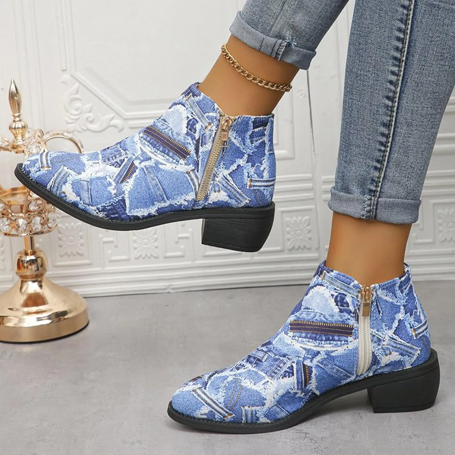 Women's Ankle Boot - Denim Ankle Boots for Women Western Vintage Zipper Pointe Toe Chunky Low Heel Booties Canvas Slip On Fashion Classic Short Boots Fall Winter Dress Shoes