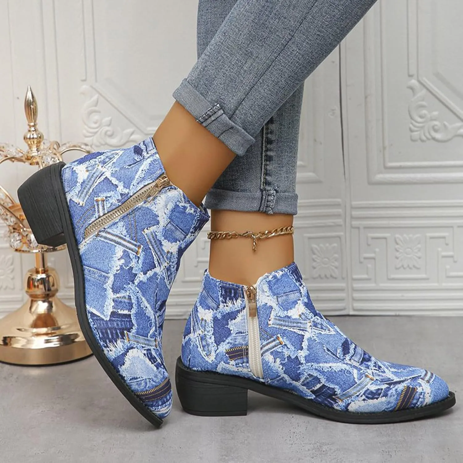 Women's Ankle Boot - Denim Ankle Boots for Women Western Vintage Zipper Pointe Toe Chunky Low Heel Booties Canvas Slip On Fashion Classic Short Boots Fall Winter Dress Shoes