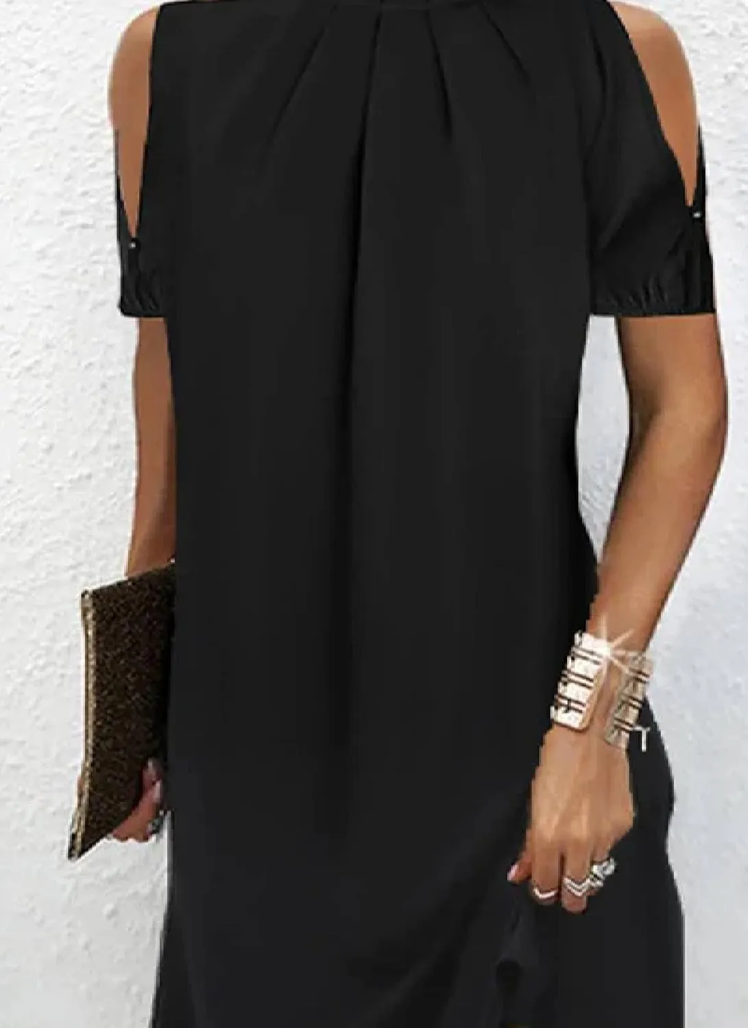 Women's Black Cold Shoulder Short Sleeve Daily Midi Dress 2025 Summer Fashion Casual Chic Elegant Everyday Wear Dress