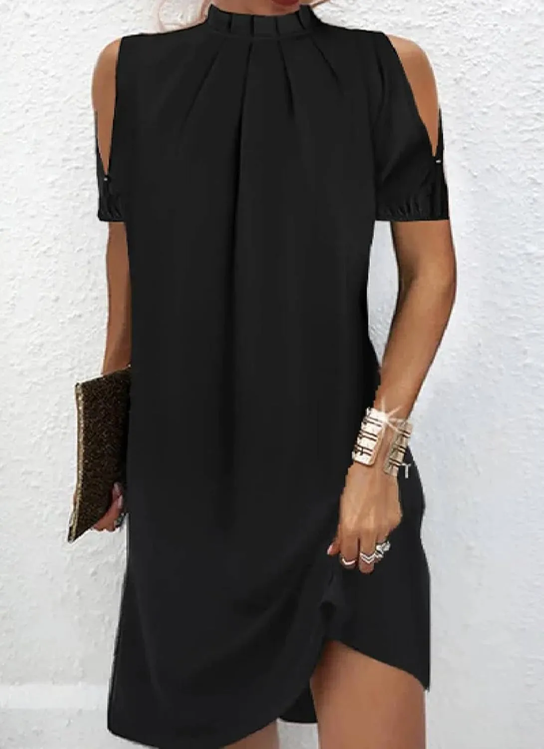 Women's Black Cold Shoulder Short Sleeve Daily Midi Dress 2025 Summer Fashion Casual Chic Elegant Everyday Wear Dress