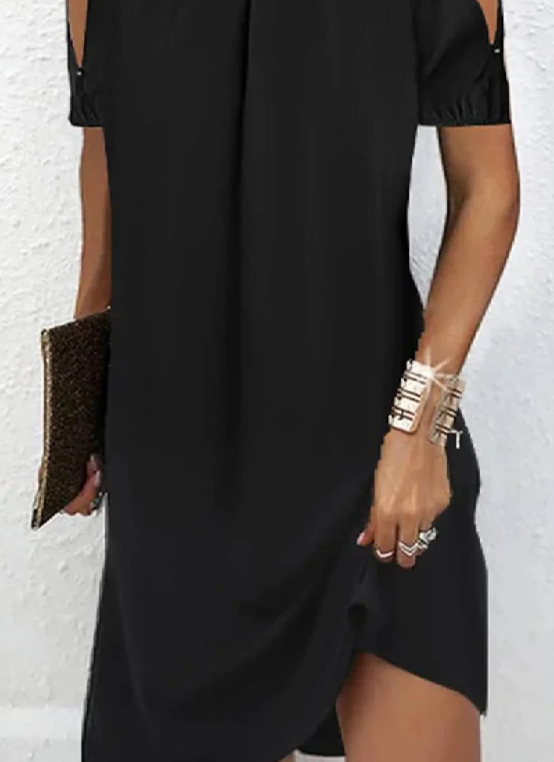 Women's Black Cold Shoulder Short Sleeve Daily Midi Dress 2025 Summer Fashion Casual Chic Elegant Everyday Wear Dress
