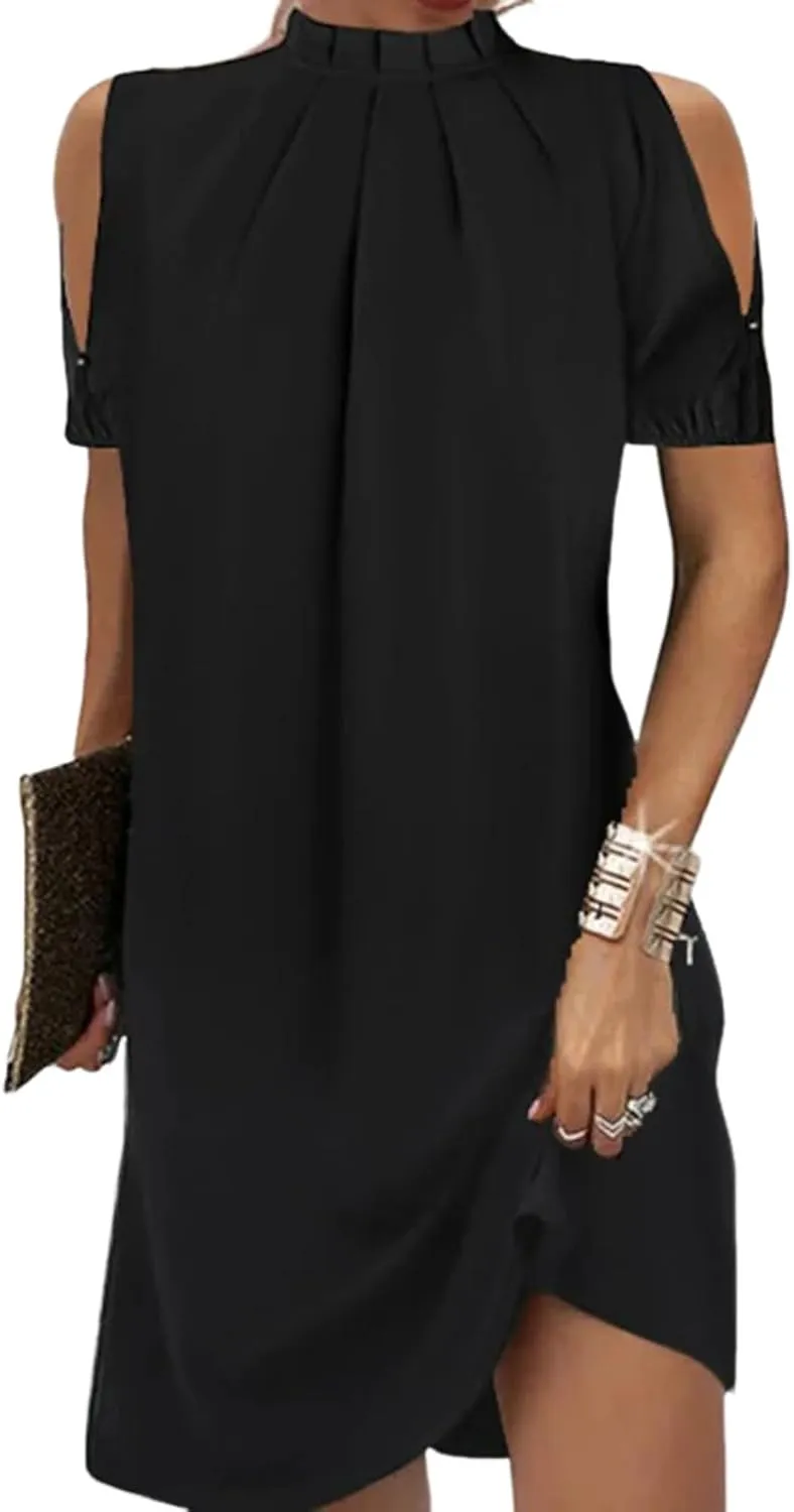 Women's Black Cold Shoulder Short Sleeve Daily Midi Dress 2025 Summer Fashion Casual Chic Elegant Everyday Wear Dress