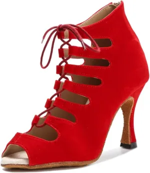 Women's Black Velvet Party Boots - Red Accented Satin Straps for Edgy Ballroom Nights (6CM/2.36")