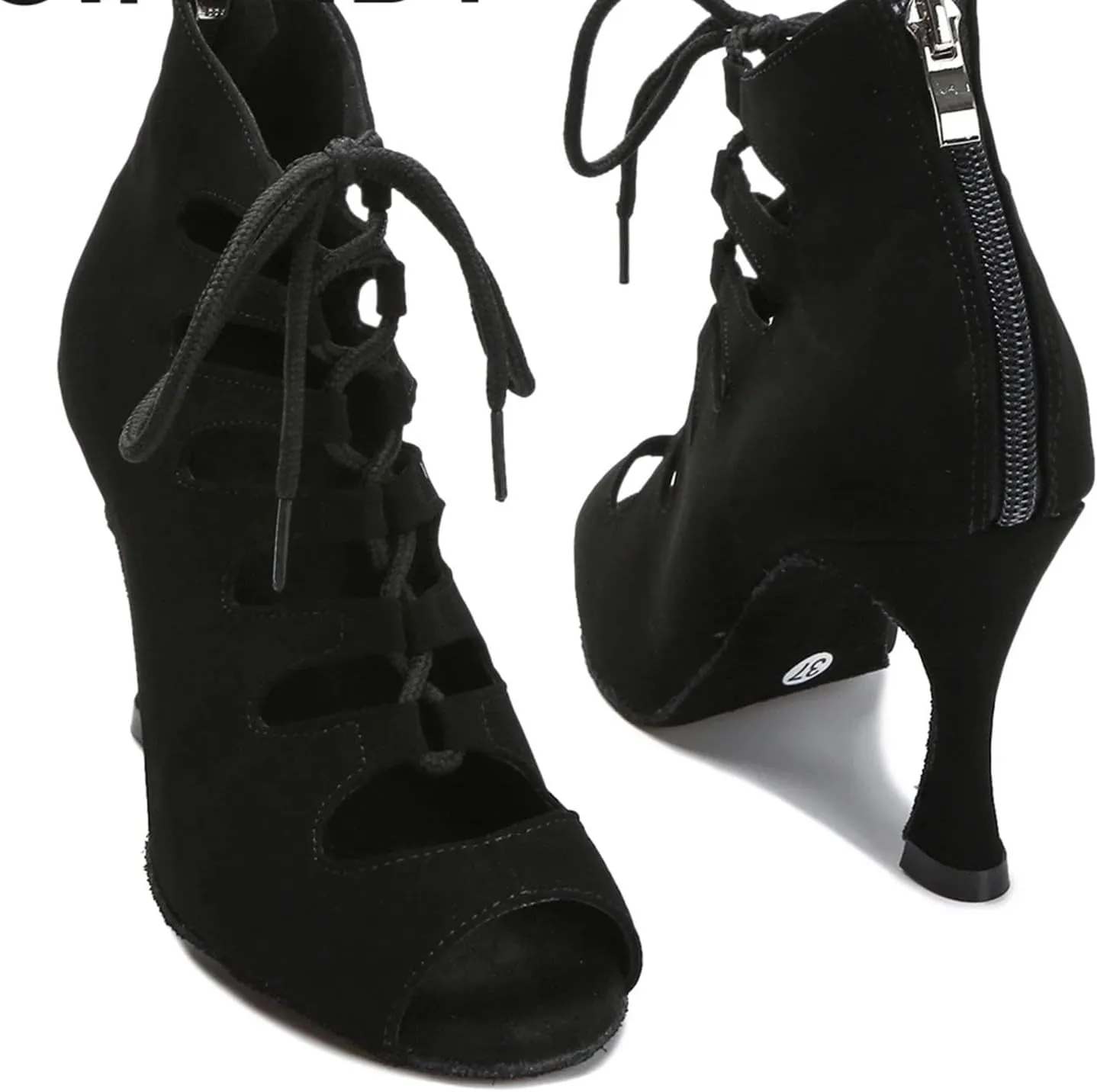 Women's Black Velvet Party Boots - Red Accented Satin Straps for Edgy Ballroom Nights (6CM/2.36")
