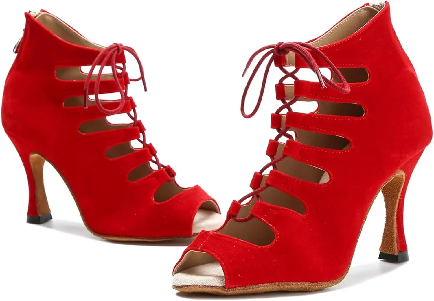 Women's Black Velvet Party Boots - Red Accented Satin Straps for Edgy Ballroom Nights (6CM/2.36")