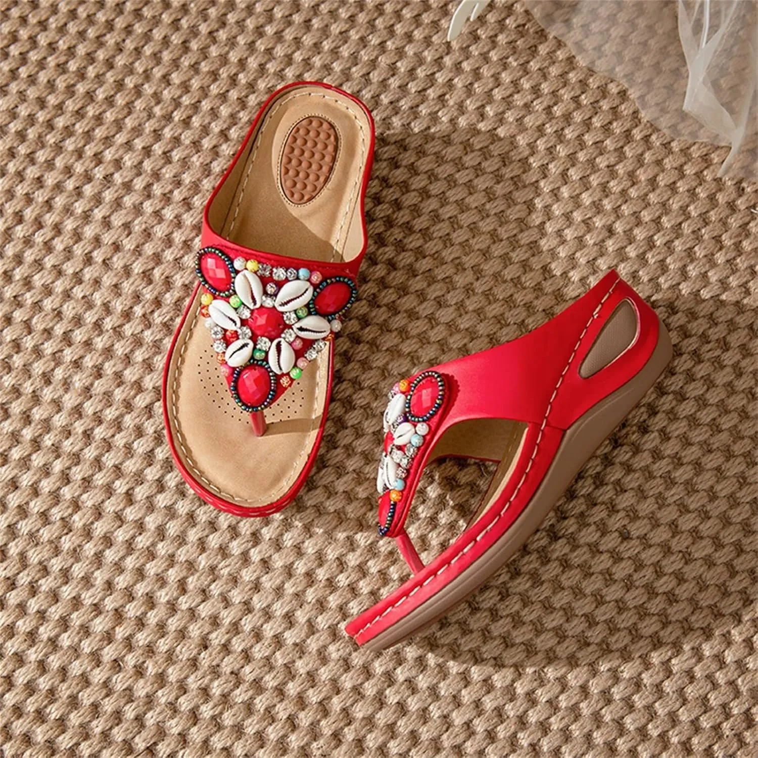Women's Bohemia Beaded Wedge Sandals Orthopedic T-strap Slip On Comfort Beach Flip Flops Bling Shell Summer Thong Slippers