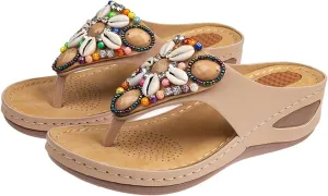 Women's Bohemia Beaded Wedge Sandals Orthopedic T-strap Slip On Comfort Beach Flip Flops Bling Shell Summer Thong Slippers