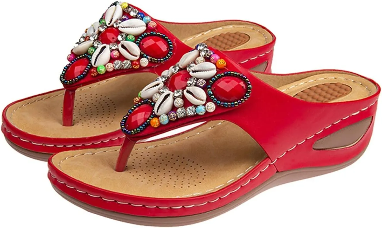 Women's Bohemia Beaded Wedge Sandals Orthopedic T-strap Slip On Comfort Beach Flip Flops Bling Shell Summer Thong Slippers