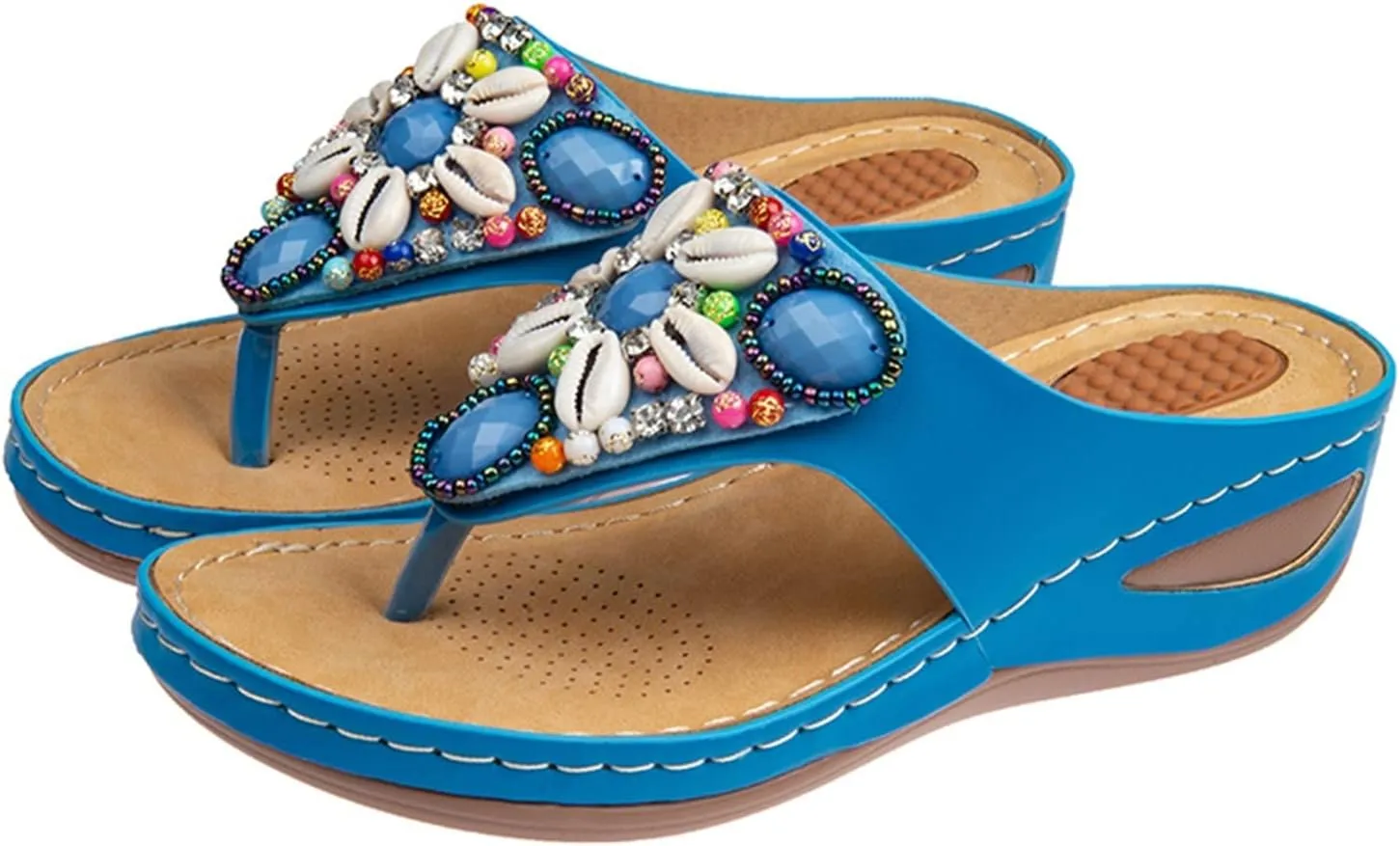 Women's Bohemia Beaded Wedge Sandals Orthopedic T-strap Slip On Comfort Beach Flip Flops Bling Shell Summer Thong Slippers