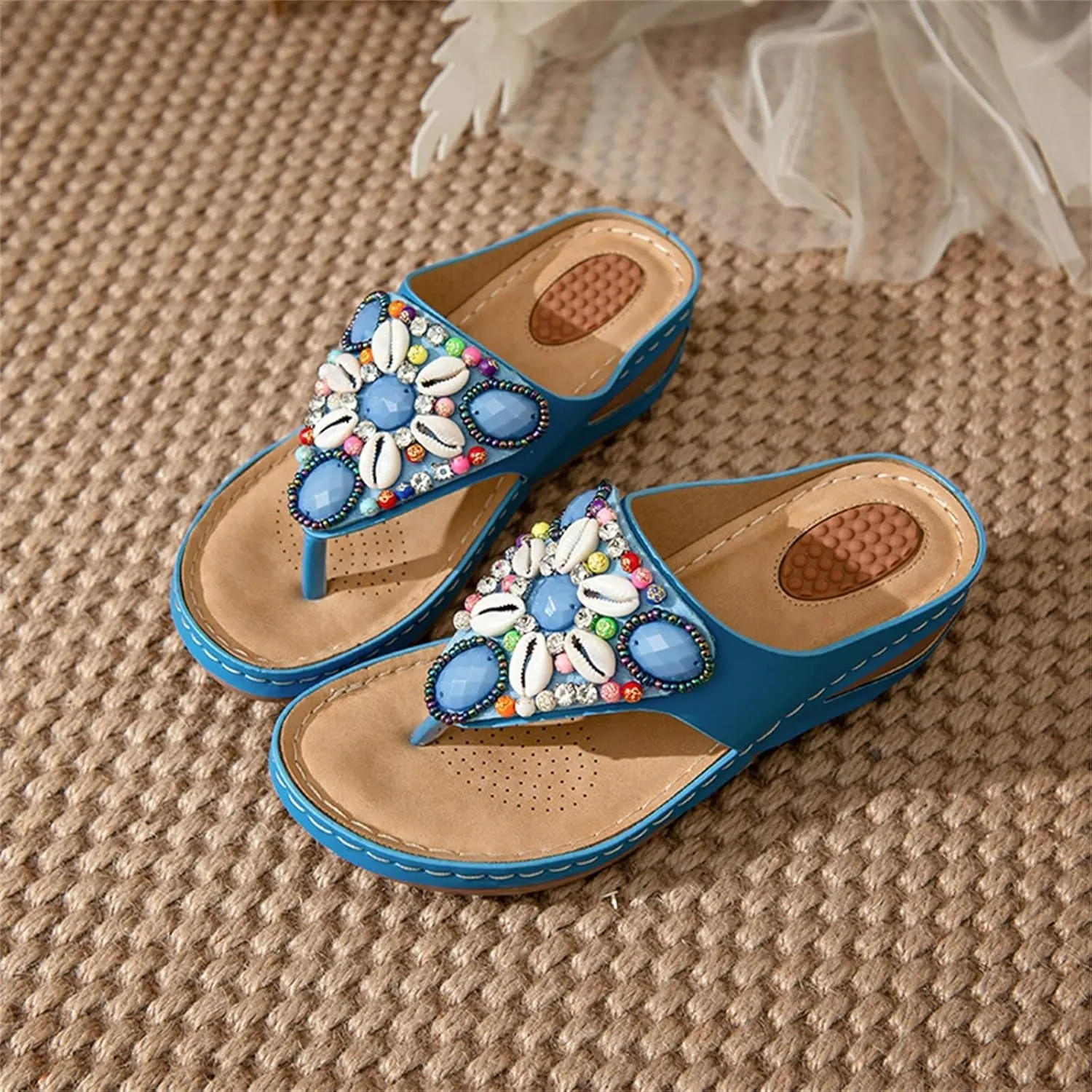 Women's Bohemia Beaded Wedge Sandals Orthopedic T-strap Slip On Comfort Beach Flip Flops Bling Shell Summer Thong Slippers
