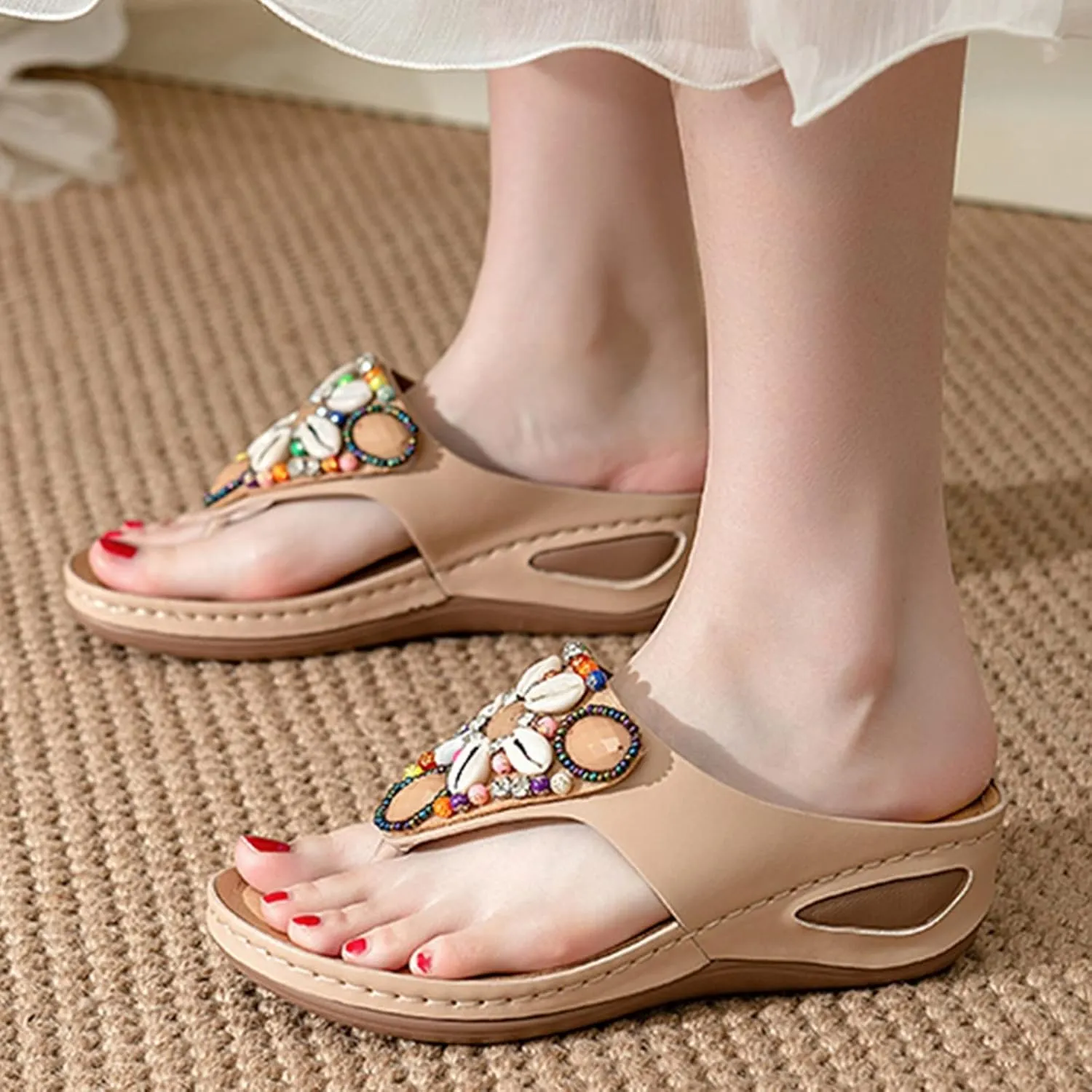 Women's Bohemia Beaded Wedge Sandals Orthopedic T-strap Slip On Comfort Beach Flip Flops Bling Shell Summer Thong Slippers