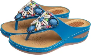 Women's Bohemia Beaded Wedge Sandals Orthopedic T-strap Slip On Comfort Beach Flip Flops Bling Shell Summer Thong Slippers