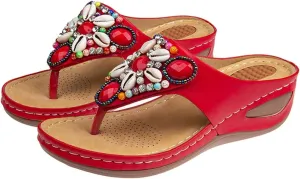 Women's Bohemia Beaded Wedge Sandals Orthopedic T-strap Slip On Comfort Beach Flip Flops Bling Shell Summer Thong Slippers