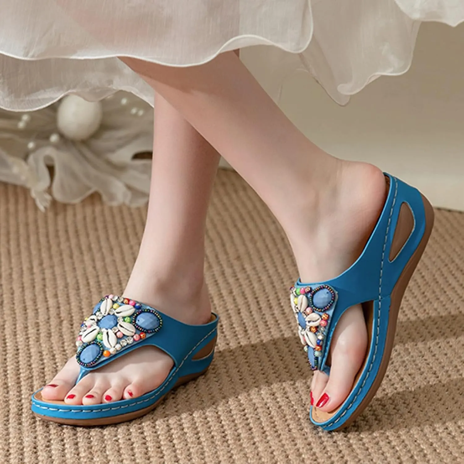 Women's Bohemia Beaded Wedge Sandals Orthopedic T-strap Slip On Comfort Beach Flip Flops Bling Shell Summer Thong Slippers