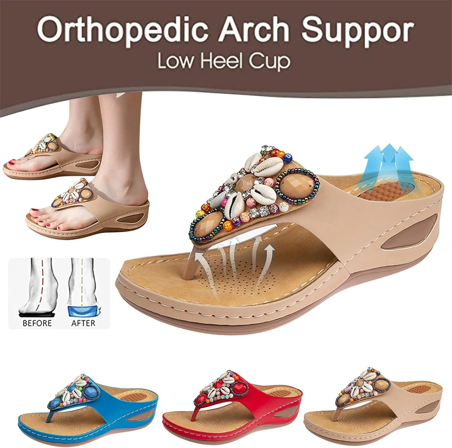 Women's Bohemia Beaded Wedge Sandals Orthopedic T-strap Slip On Comfort Beach Flip Flops Bling Shell Summer Thong Slippers
