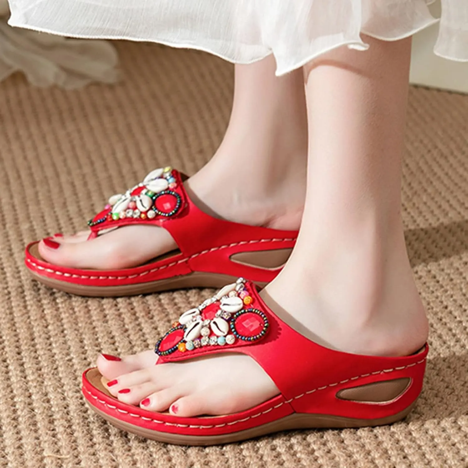 Women's Bohemia Beaded Wedge Sandals Orthopedic T-strap Slip On Comfort Beach Flip Flops Bling Shell Summer Thong Slippers
