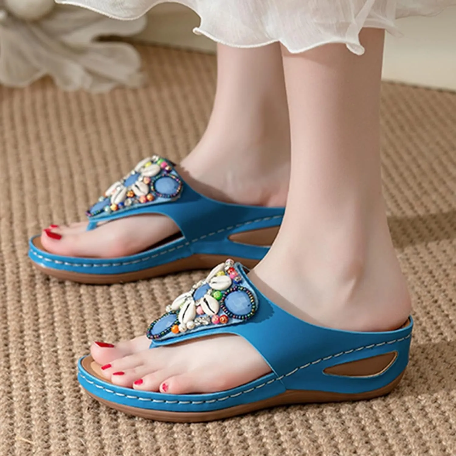 Women's Bohemia Beaded Wedge Sandals Orthopedic T-strap Slip On Comfort Beach Flip Flops Bling Shell Summer Thong Slippers