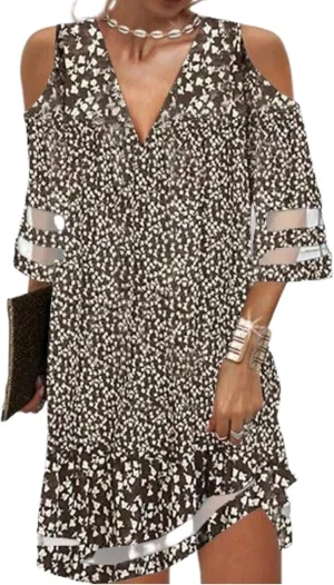 Women's Brown Floral Print V Neck Sheer Mini Dress Loose Fit A-Line 3/4 Sleeves Lightweight Transparent Summer Dress