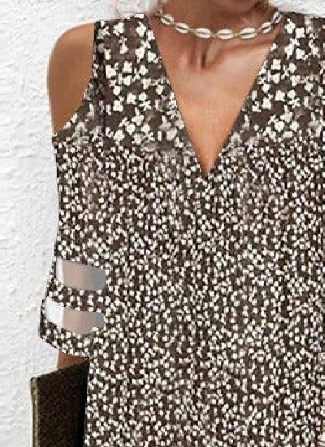 Women's Brown Floral Print V Neck Sheer Mini Dress Loose Fit A-Line 3/4 Sleeves Lightweight Transparent Summer Dress