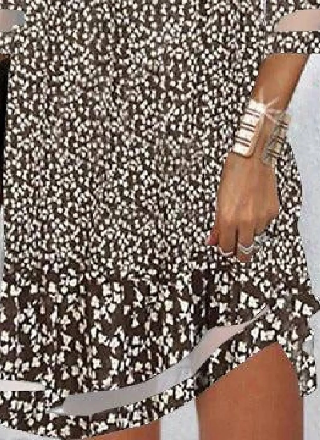 Women's Brown Floral Print V Neck Sheer Mini Dress Loose Fit A-Line 3/4 Sleeves Lightweight Transparent Summer Dress