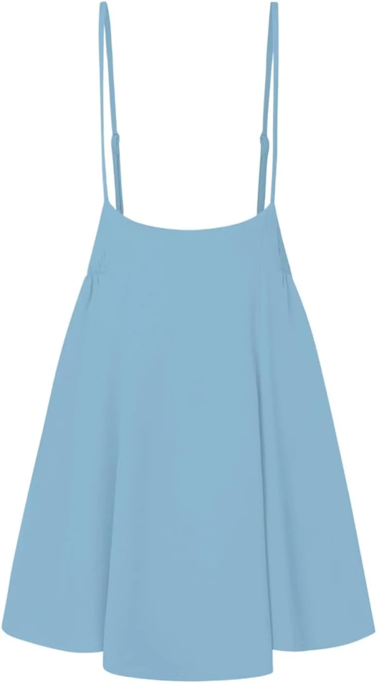 Women's Casual Sleeveless A-Line Dress Summer Adjustable Spaghetti Straps Tiered Hem Skater Skirt