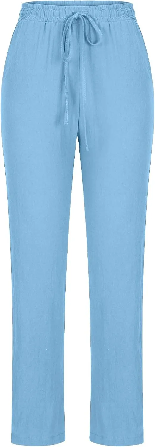 Womens Casual Summer Linen Pants Drawstring Comfy Loose Fit Trousers with Side Pockets Beach Travel Vacation Outfits