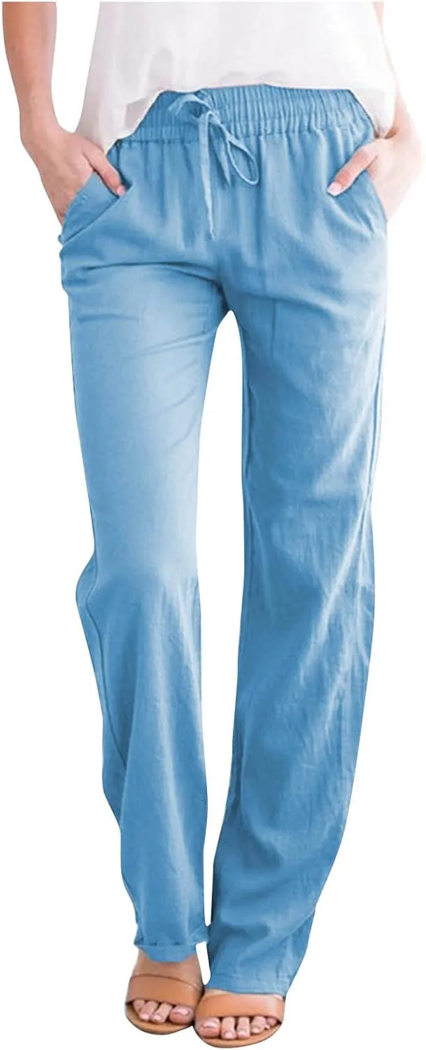 Womens Casual Summer Linen Pants Drawstring Comfy Loose Fit Trousers with Side Pockets Beach Travel Vacation Outfits