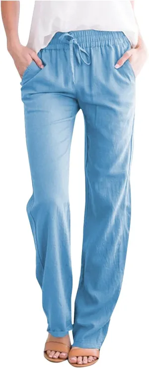 Womens Casual Summer Linen Pants Drawstring Comfy Loose Fit Trousers with Side Pockets Beach Travel Vacation Outfits