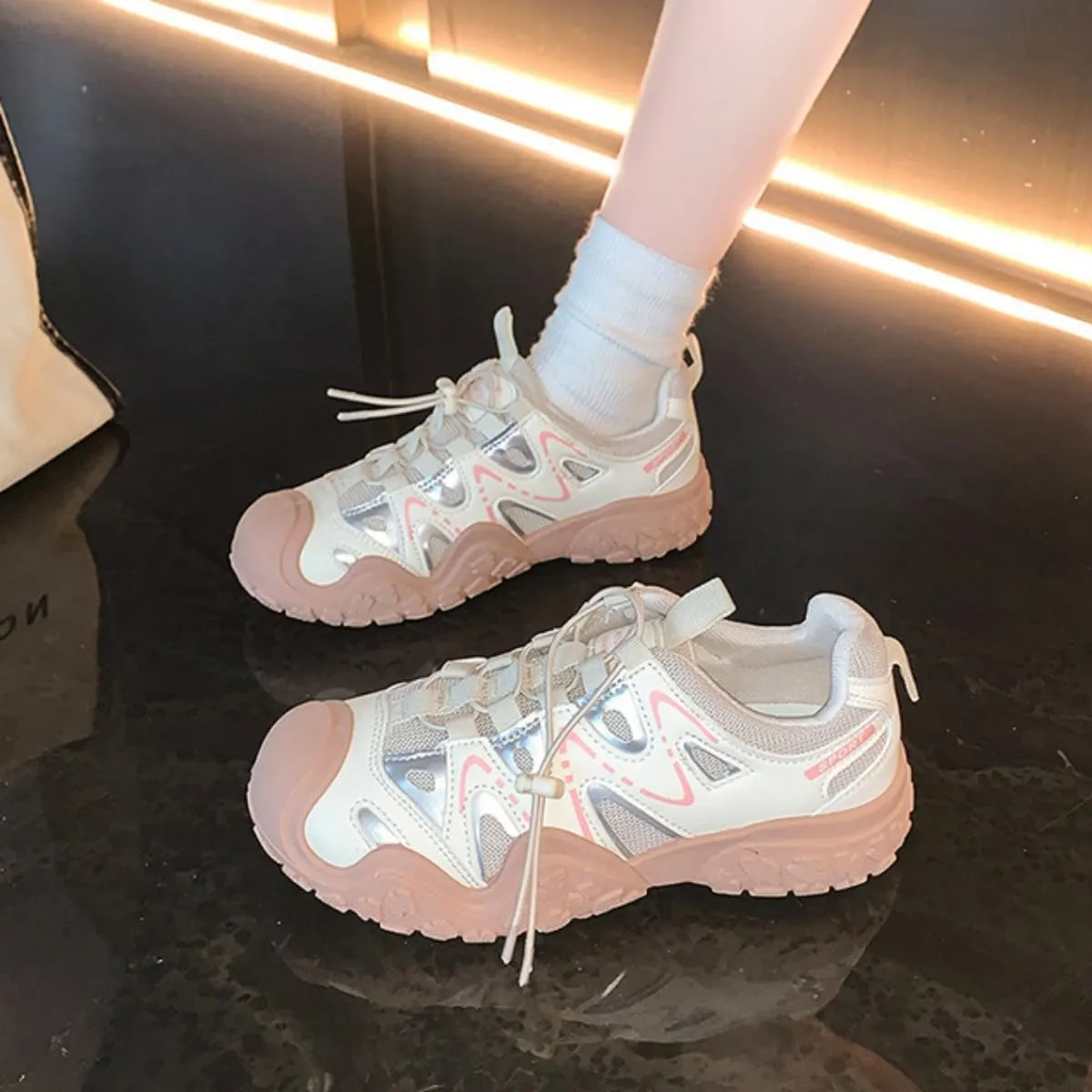 Women’s Chunky Dad Sneakers – Fashion Platform Mesh Trainers with Leather Patchwork, Breathable Lace-Up Sports Shoes for Spring & Fall