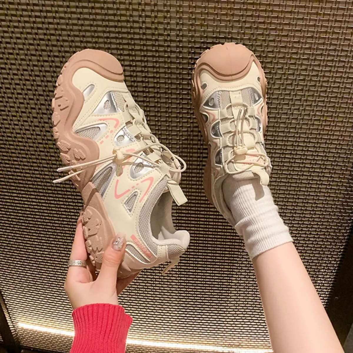 Women’s Chunky Dad Sneakers – Fashion Platform Mesh Trainers with Leather Patchwork, Breathable Lace-Up Sports Shoes for Spring & Fall
