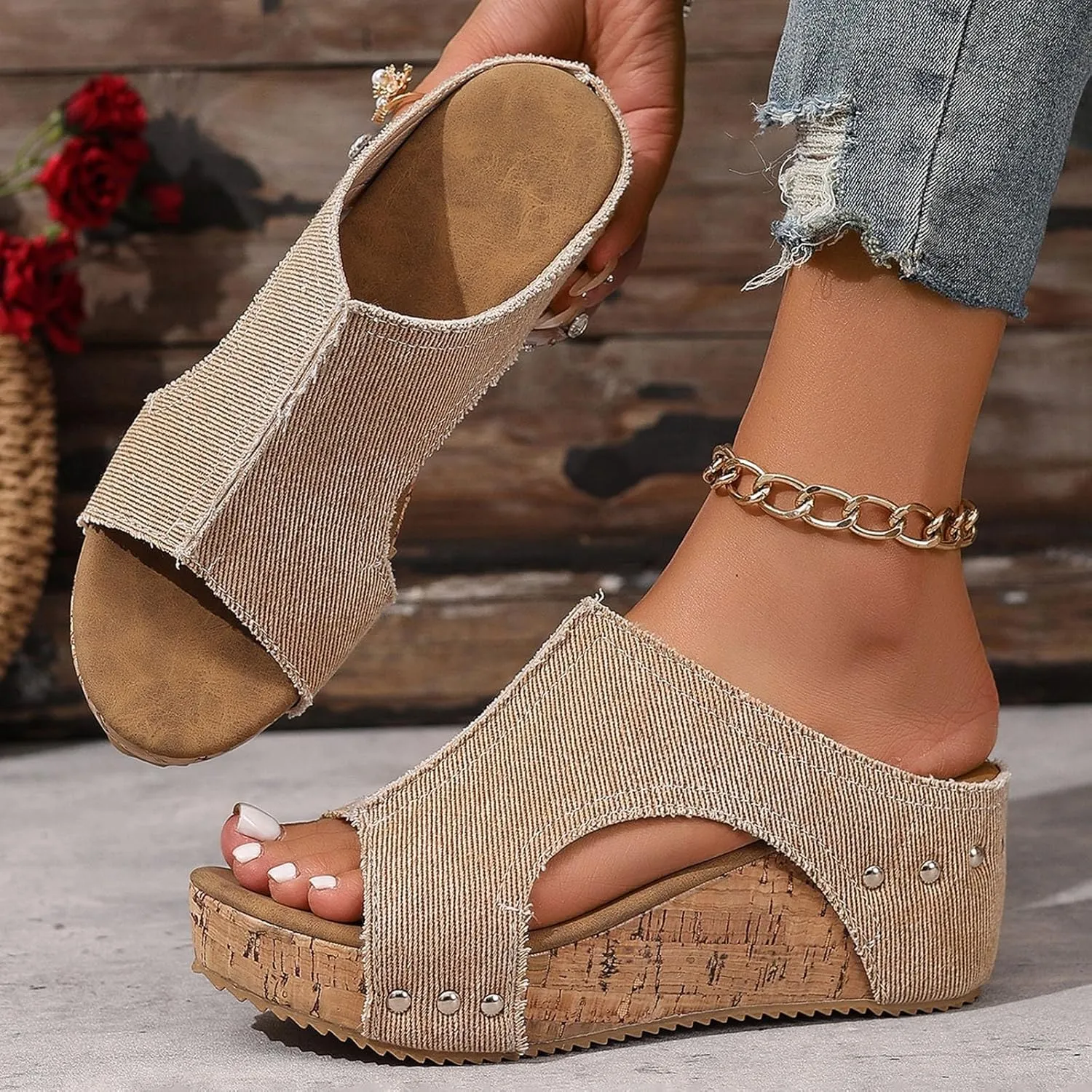 Women's Cloth Platform Wedge Slippers Temperament Non Slip Beach Slippers Sandals for Women 2025