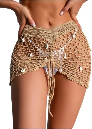 Women's Crochet Hollow Out Beach Skirts Shell Drawstring Swimsuit Bathing Suit Coverups