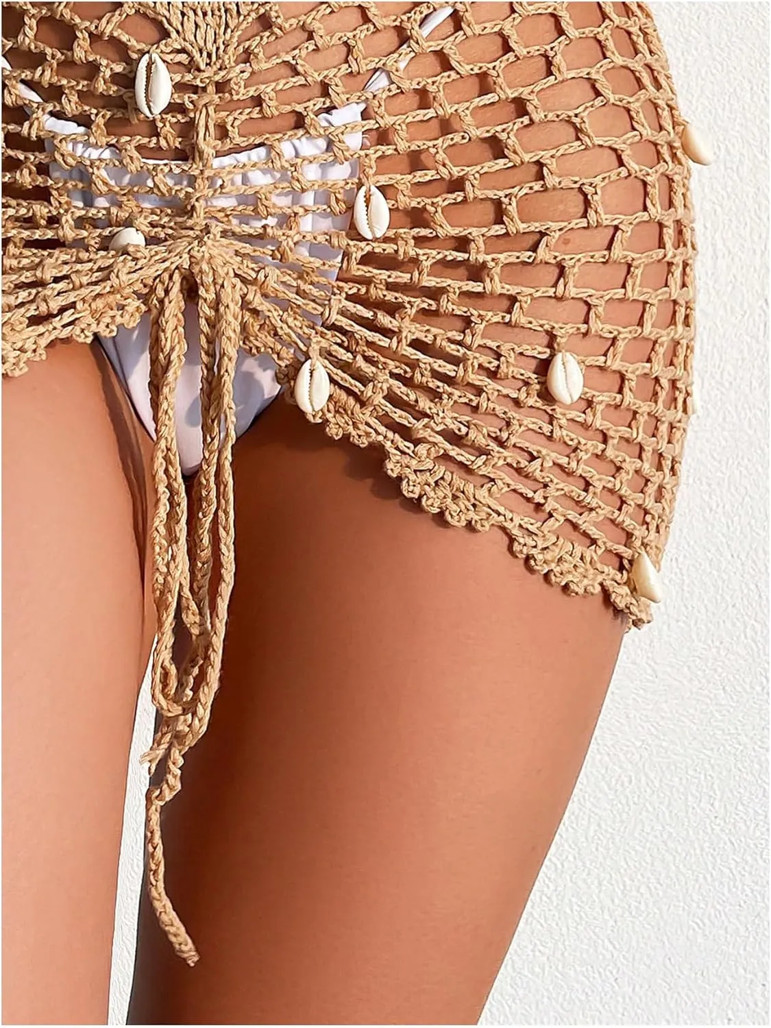 Women's Crochet Hollow Out Beach Skirts Shell Drawstring Swimsuit Bathing Suit Coverups