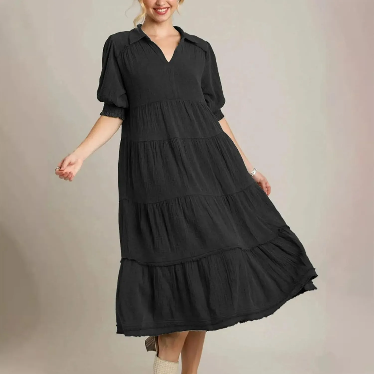 Women's Elegant Multi-Layered Ruffle Hem Pleated Long Skirts Lapel V Neck Puff Sleeve Loose Dresses Prom Concert