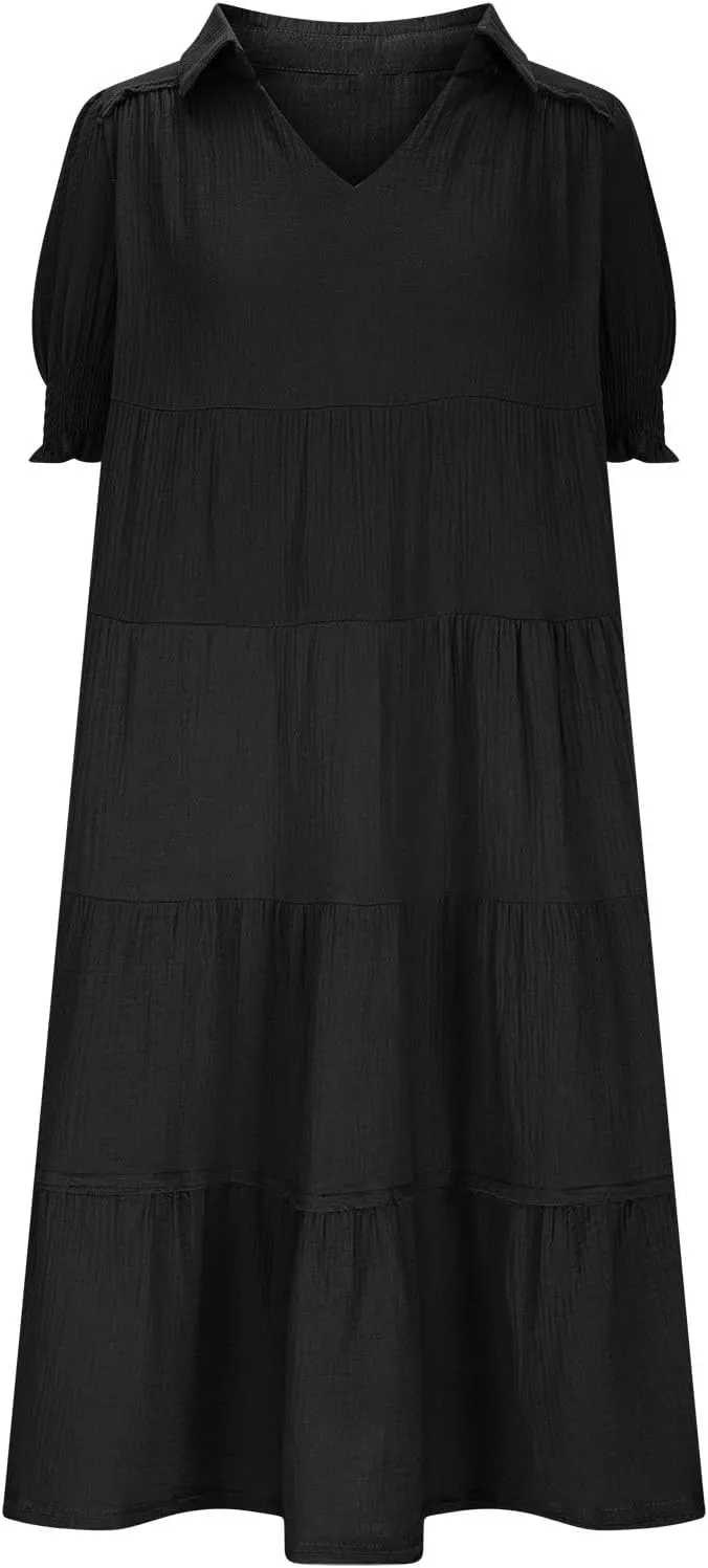 Women's Elegant Multi-Layered Ruffle Hem Pleated Long Skirts Lapel V Neck Puff Sleeve Loose Dresses Prom Concert