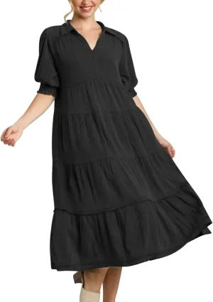 Women's Elegant Multi-Layered Ruffle Hem Pleated Long Skirts Lapel V Neck Puff Sleeve Loose Dresses Prom Concert