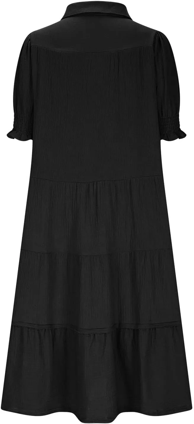Women's Elegant Multi-Layered Ruffle Hem Pleated Long Skirts Lapel V Neck Puff Sleeve Loose Dresses Prom Concert