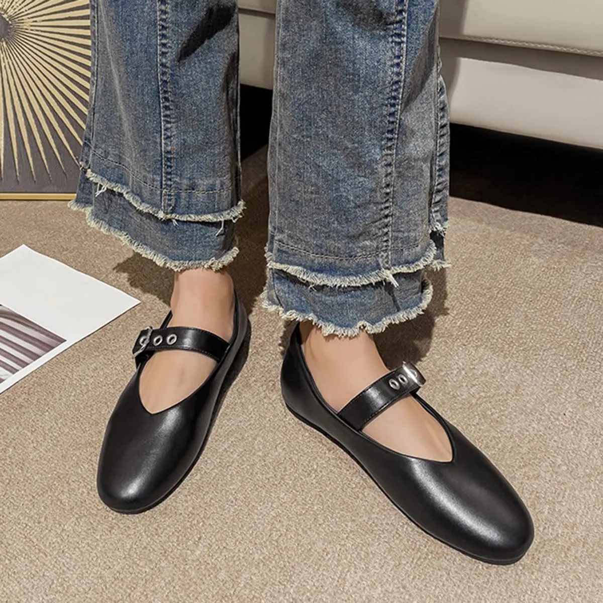 Women's Elegant Patent Ballet Flats Buckle Strap Mary Jane Flats Round Toe Ballet Flat Shoes for Women