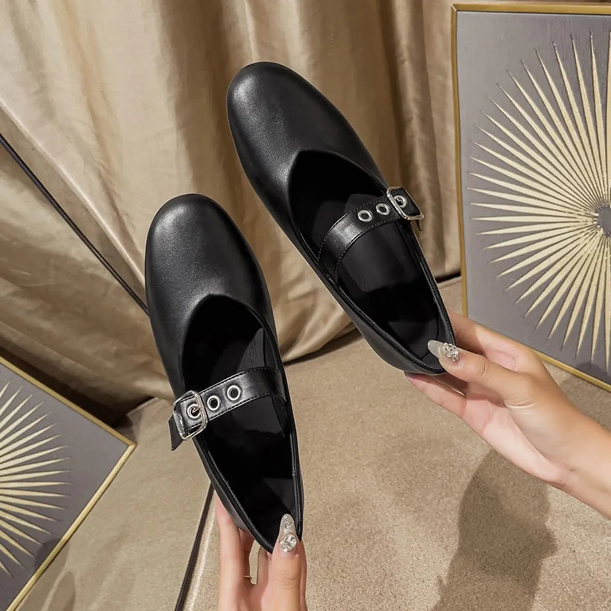 Women's Elegant Patent Ballet Flats Buckle Strap Mary Jane Flats Round Toe Ballet Flat Shoes for Women