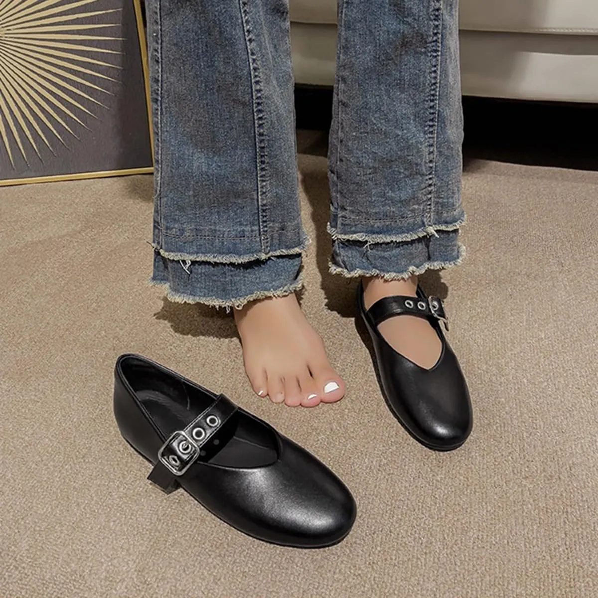Women's Elegant Patent Ballet Flats Buckle Strap Mary Jane Flats Round Toe Ballet Flat Shoes for Women