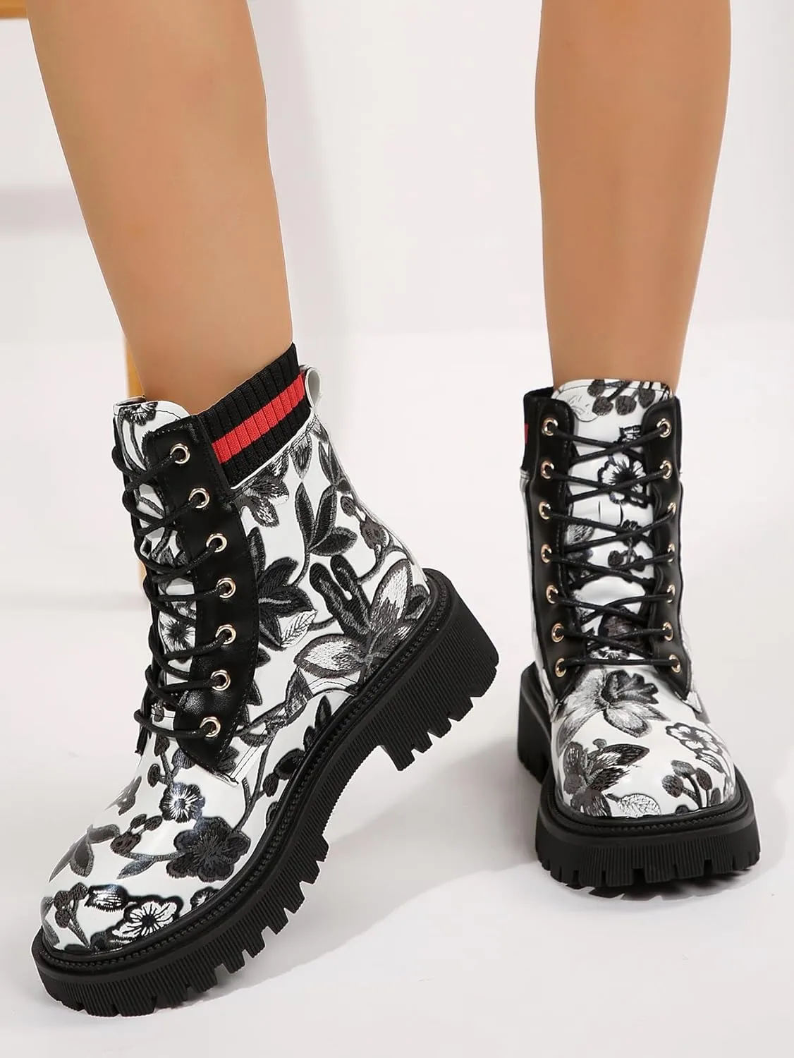 Women's Fashion Flowers Flat Ankle Boots for Women Lace-Up Ladies Fashionable Combat Boots