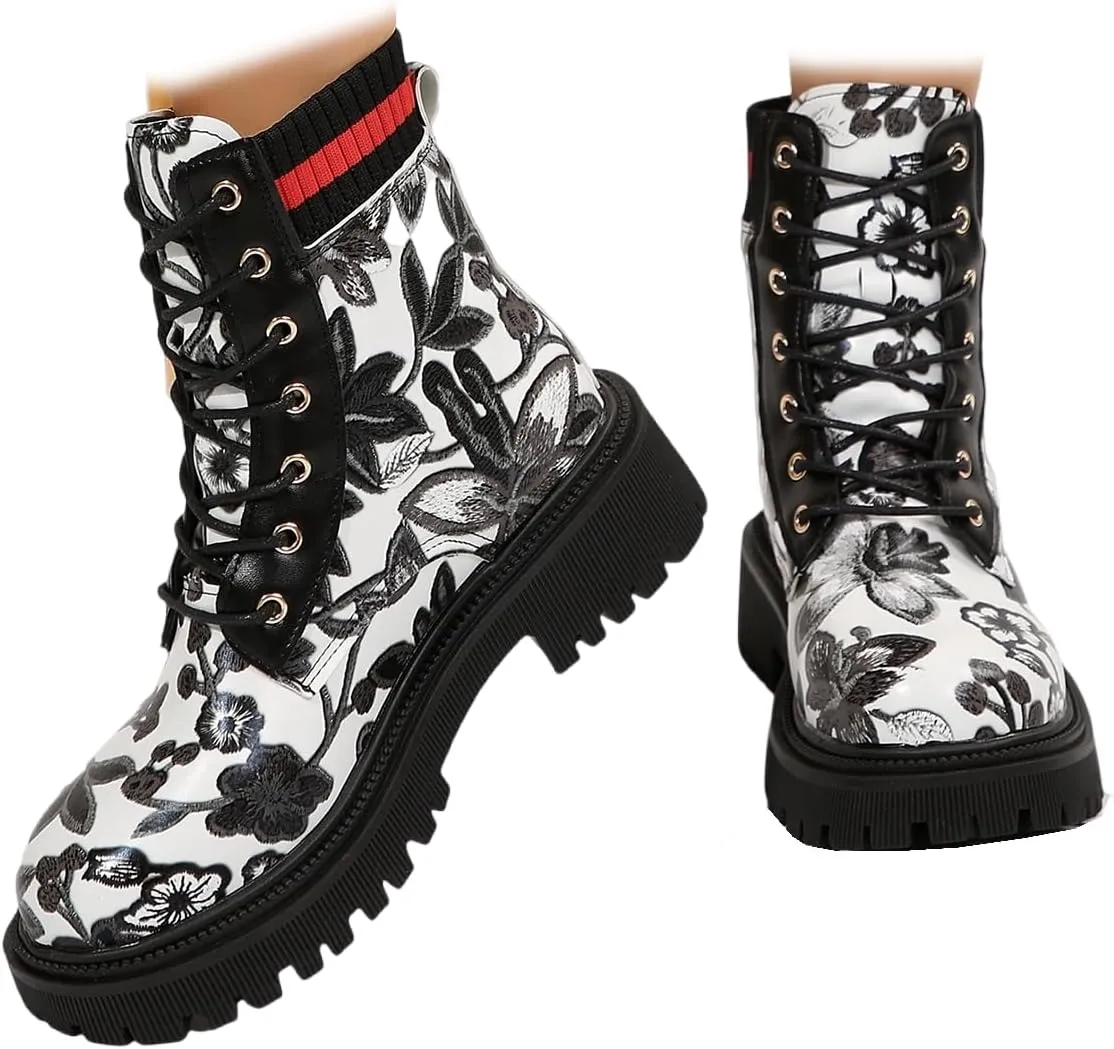 Women's Fashion Flowers Flat Ankle Boots for Women Lace-Up Ladies Fashionable Combat Boots