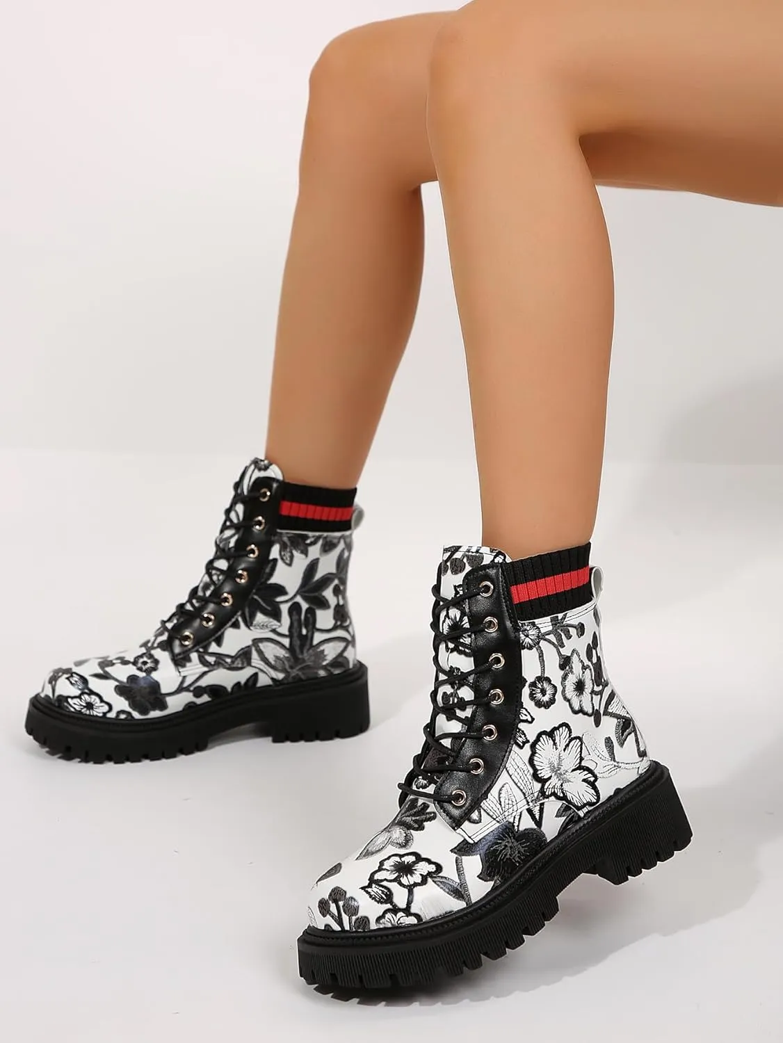 Women's Fashion Flowers Flat Ankle Boots for Women Lace-Up Ladies Fashionable Combat Boots
